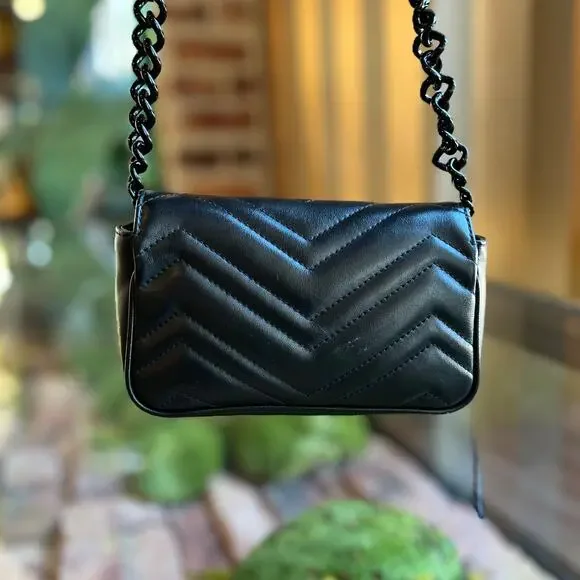 GUCCI GG Marmont Mini Black Calfskin Matelasse Chain Belt Bag - Picture 2 of 11